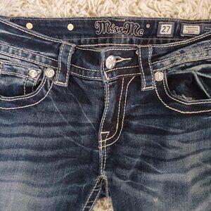 Miss Me Signature Boot Jeans WM 27 Fleur DeLis Sequin Bootcut Altered 27 Inseam